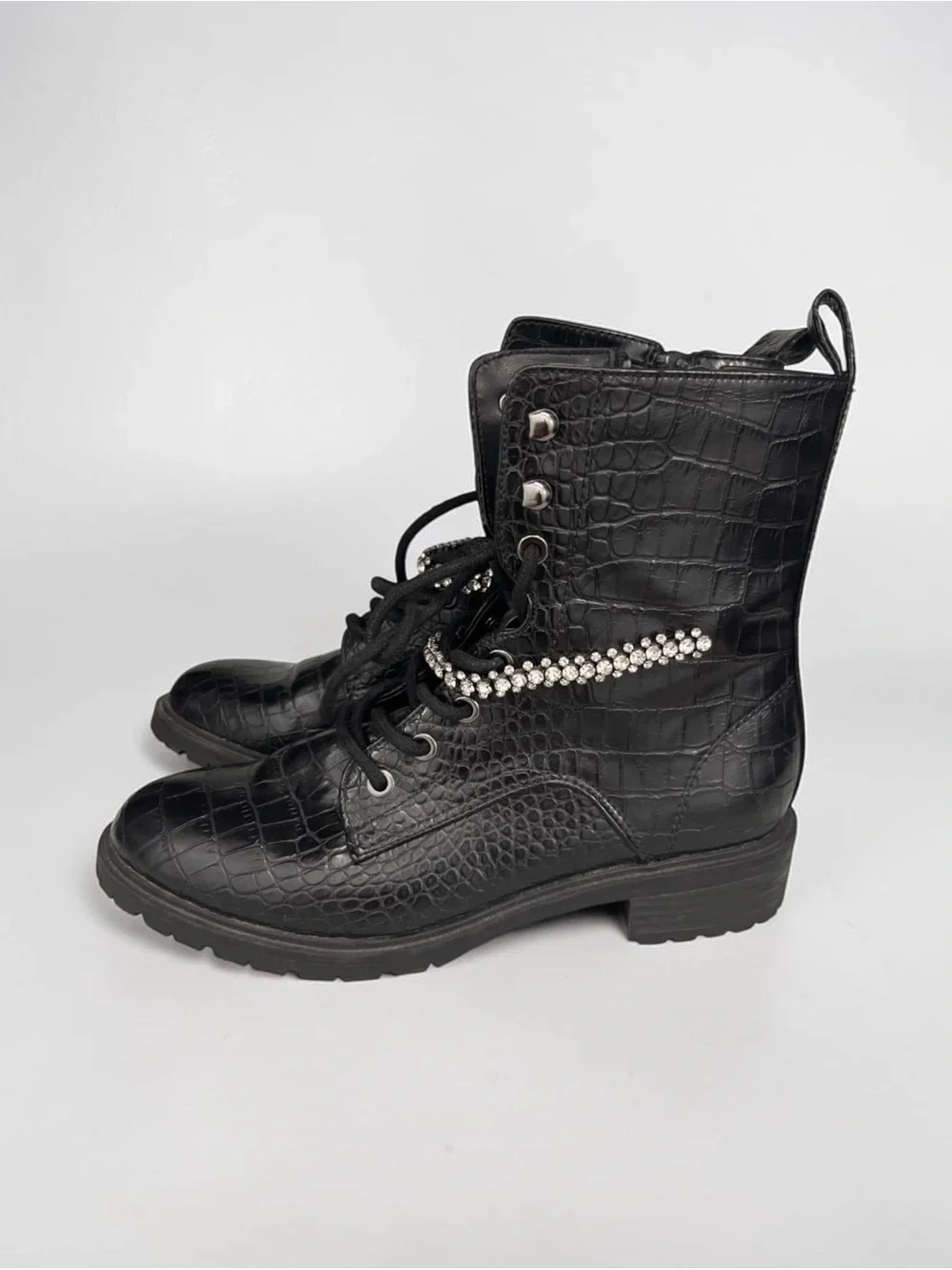 Express Black Croc-Embossed Lace-Up Boots with Rhinestone Strap 9 - Picture 2 of 6